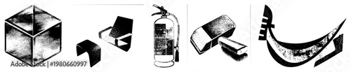 Vector illustrations of cube, chair, fire extinguisher, eraser, and curved blade in halftone, isolated foreground, minimalist design, black and white graphic.