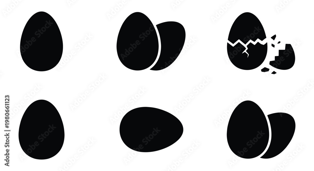 Fototapeta premium Minimalist egg icon set, black silhouette chicken eggs in various states, broken and whole egg vector collection for food and cooking design