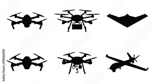 Unmanned aerial vehicle silhouettes, set of 6 drone icons and military uav vectors, black quadcopter and surveillance aircraft graphics