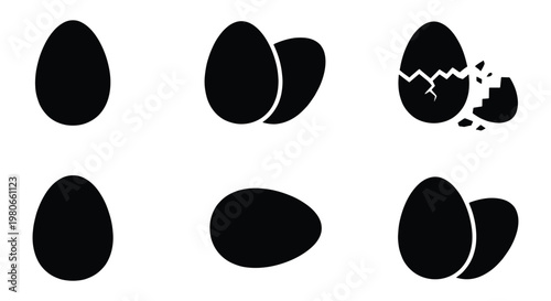 Minimalist egg icon set, black silhouette chicken eggs in various states, broken and whole egg vector collection for food and cooking design
