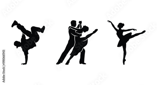 Dancing silhouettes collection, breakdance and ballet dancer vector set, ballroom couple and hip hop performer icons for studio branding
