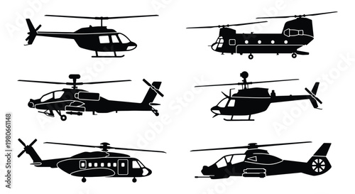 Black helicopter silhouettes set, 6 military and civilian aircraft icons, vector collection of transport choppers and attack helicopters