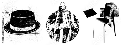 Classic top hat with band, stylized human silhouette in circle, contemporary chair with cushion, halftone vector art, isolated foreground elements.