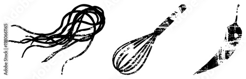 Vector sketch of culinary tools noodle strand bundle, wire whisk, and chili pepper, rendered in gritty black ink style, ideal for cooking or graphic design.