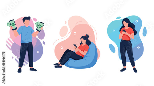 Group of diverse people using smartphones for online banking and social media interactions against a vibrant abstract background.