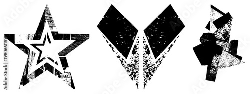 Abstract graphic featuring star, V shape, and fragmented forms, distressed halftone texture, bold vector shapes, design, stencil art style.