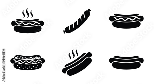 Hot dog icon set, black silhouette fast food vector collection, grilled sausage in bun with mustard and steam, 6 street food elements for menu design