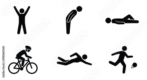 Stick figure sports and activity icons, set of 6 black human pictograms, athletes cycling swimming and playing soccer, people in motion vector