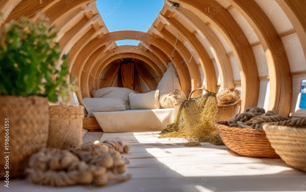 Obraz premium Cozy Interior of a Wooden Boat Viewed from Stern Toward Bow
