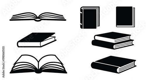 Minimalist book icon set with 7 black and white vector elements, open and closed books for education and library design, simple literature symbols