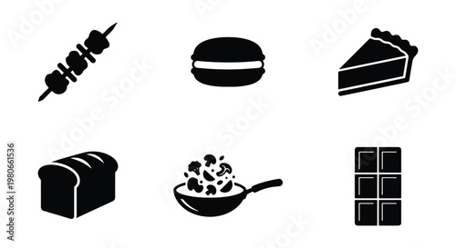 Minimalist food icon set with 6 black vector elements, flat culinary symbols including bread and chocolate, restaurant menu graphics on white background