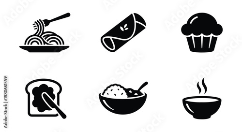 Minimalist food icon set, black solid vector symbols of pasta, burrito, muffin, toast, rice bowl and hot soup, 6 restaurant menu elements