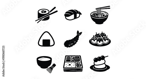 Japanese food icons set, 9 black and white vector elements, sushi and ramen restaurant menu graphics, traditional asian cuisine symbols