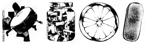 Stylized vector graphics of a drum, glass jar, citrus section, and pill shaped tablet, each with halftone texture and isolated design.