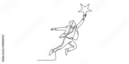 A continuous line drawing of a businessman jumping high to grab a star in the white background Vector, illustration