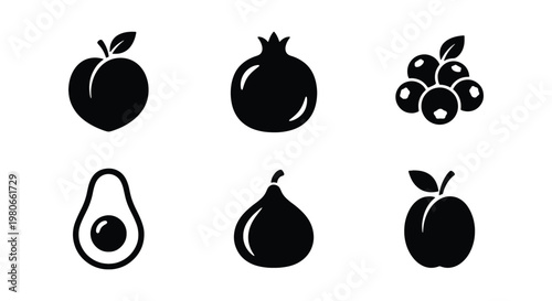 Minimalist fruit icon set, black silhouette food symbols, collection of 6 vector elements including peach pomegranate blueberry avocado fig and plum
