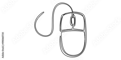 A minimalist single line drawing of a computer mouse with a wire on a white background design Vector, illustration