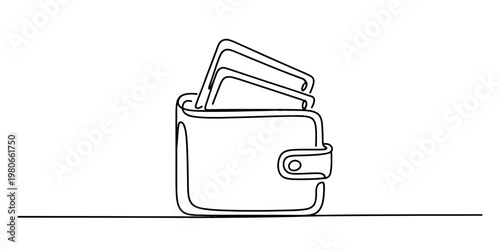 A simple continuous line drawing of a leather wallet with credit cards tucked inside the pocket. Vector, illustration