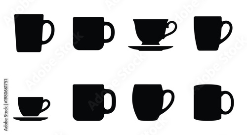 Minimalist coffee mug silhouettes, set of 8 black tea cup icons, ceramic drinkware vector elements for cafe branding and kitchen menu design