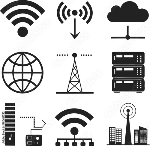 Collection of black and white icons representing wireless internet and network technology