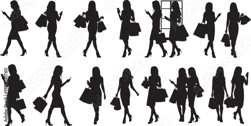 Set of Fashionable Women Carrying Shopping Bags Silhouette Collection