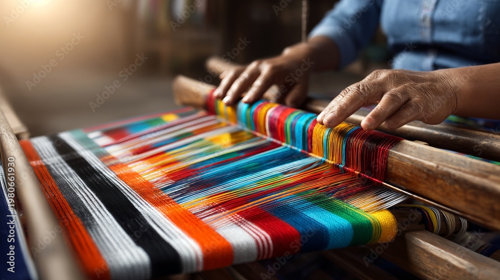 Fototapeta premium Artisans Skillfully Weaving Colorful Threads into Vibrant Textile Designs