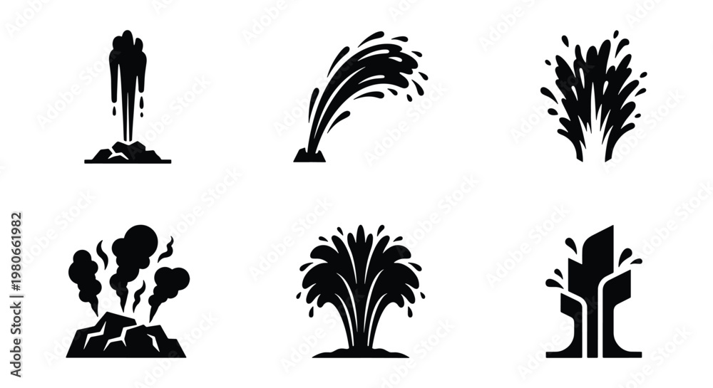 Εκτύπωση καμβά Black oil fountain icons set, 6 crude oil splash and geyser vector elements, pet