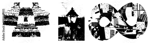 Bold black and white vector composition of fragmented forms, halftone textures, and angular geometry, ideal for graphic design, digital art, or print.