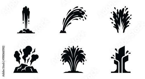 Black oil fountain icons set, 6 crude oil splash and geyser vector elements, petroleum industry gushing well symbols on white background