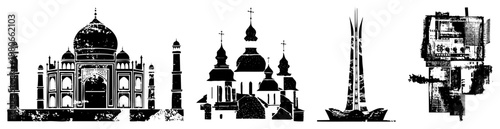 Monumental architectural silhouettes with distressed textures, including Taj Mahal, Orthodox church, modern tower, and abstract structure, rendered as flat vector cutouts for design use.