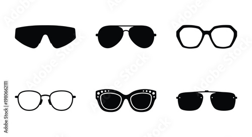 Modern sunglasses and eyewear icons set, black silhouette glasses collection, 6 vector fashion accessories for summer and optical retail