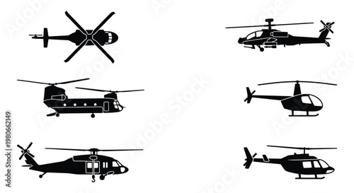 Military and civilian helicopter silhouettes, set of 6 aircraft vector icons, black chopper transport elements for aviation design and infographics