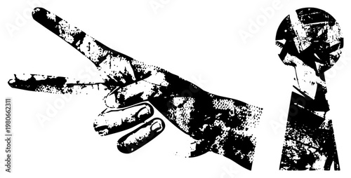 Finger gesturing toward keyhole, door lock symbol, access, security graphic, black and white halftone vector, stylized hand, lock mechanism, entryway motif.