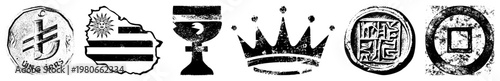 Historical coin symbols, crown, weathered seals, stylized currency motifs, vintage emblem designs,.
