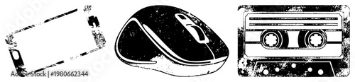 Retro tech objects smartphone, computer mouse, cassette tape rendered in gritty halftone, ideal for nostalgia design, digital, or 80s/90s UI.