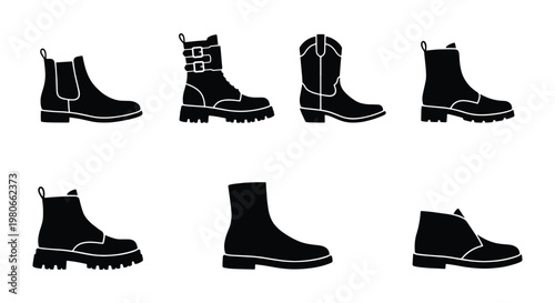Black footwear silhouette icons, set of 7 men and women boots, leather chelsea and combat boot vector illustrations, fashion shoe collection