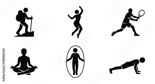 Minimalist sports icons set, black silhouette people exercising and fitness activities, 6 vector elements for wellness and healthy lifestyle design