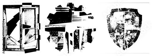 Fragmented window, shattered glyph, weathered shield distressed vector, halftone texture, glitch art style, graphic design elements.