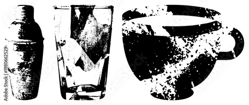 tools and drink vessels rendered in gritty halftone, cocktail shaker, highball glass with ice, splashing mug, vector graphic, isolated elements.