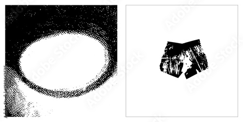 Black and white halftone circle gradient, textured shorts silhouette, vector graphic, isolated shapes, graphic design assets, modern minimalism.