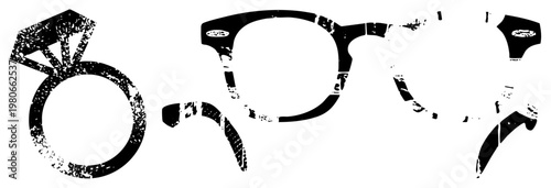 Graphic symbols of engagement ring and eyeglasses, distressed black silhouette, retro, minimalist vector design, fashion accessory motifs.