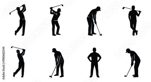 Professional golf player silhouettes, set of 8 golfer vector icons, male athletes playing golf in various poses, black sport figures on white background