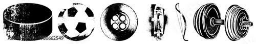 Black and white vector hockey puck, soccer ball, film reel, typewriter, bow, dumbbell minimalist, stylized, graphic design elements.