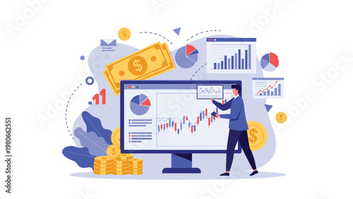 Financial analyst interacting with a large digital display showing stock market trends and profit growth with gold coins and currency icons.