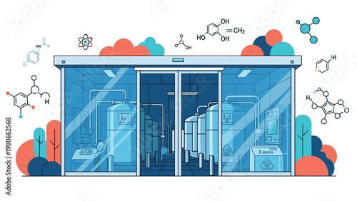 Modern industrial chemical plant featuring large pressurized tanks and laboratory equipment for advanced manufacturing and scientific research.