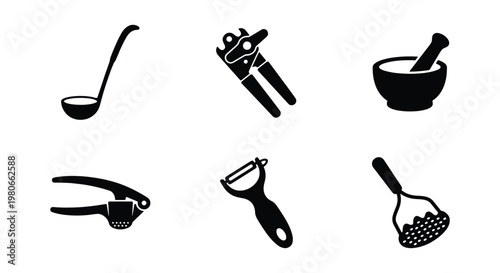 Black kitchen utensils icon set, 6 culinary tools vector collection, minimalist cooking equipment symbols for restaurant menu and food blog