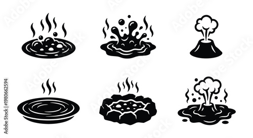 Geothermal volcanic activity icons, 6 black vector elements of bubbling mud pots and geysers, hot spring and volcano eruption symbols