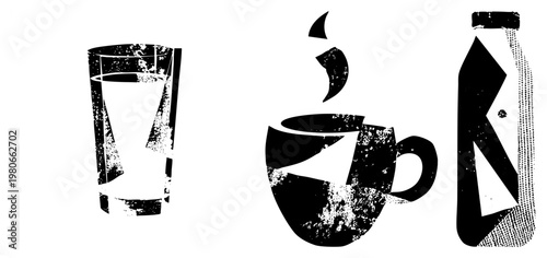 Stylized glass of water, coffee cup, and milk carton with distressed halftone texture, graphic design elements, vector art.