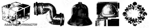 Vector illustrations of industrial pipe, safety bell, construction helmet, and abstract geometric forms rendered in halftone.