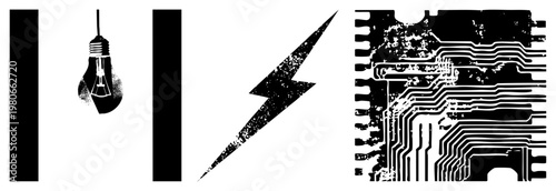 Classic incandescent bulb, electric bolt, printed circuit board, tech symbols, digital electronics, power concepts, stylized graphics.